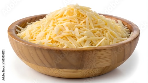 Grated Cheese in Wooden Bowl, Freshly Grated Cheese in Wooden Bowl  