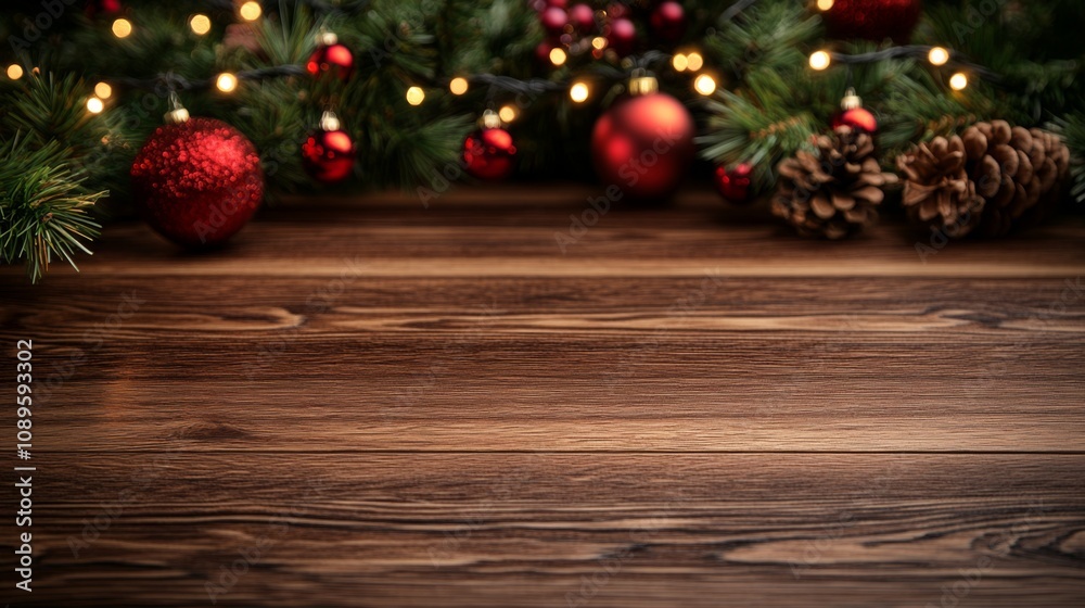 Festive Christmas Decorations On Wooden Tabletop Festive Christmas Decorations On Wooden Tabletop