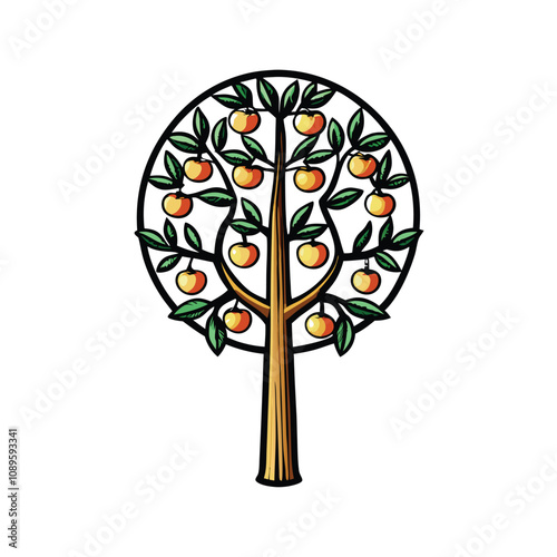 Create an editable stroke vector graphic of a fruit tree, showing branches, leaves, and ripe fruit.  Include variations in fruit size and ripeness.