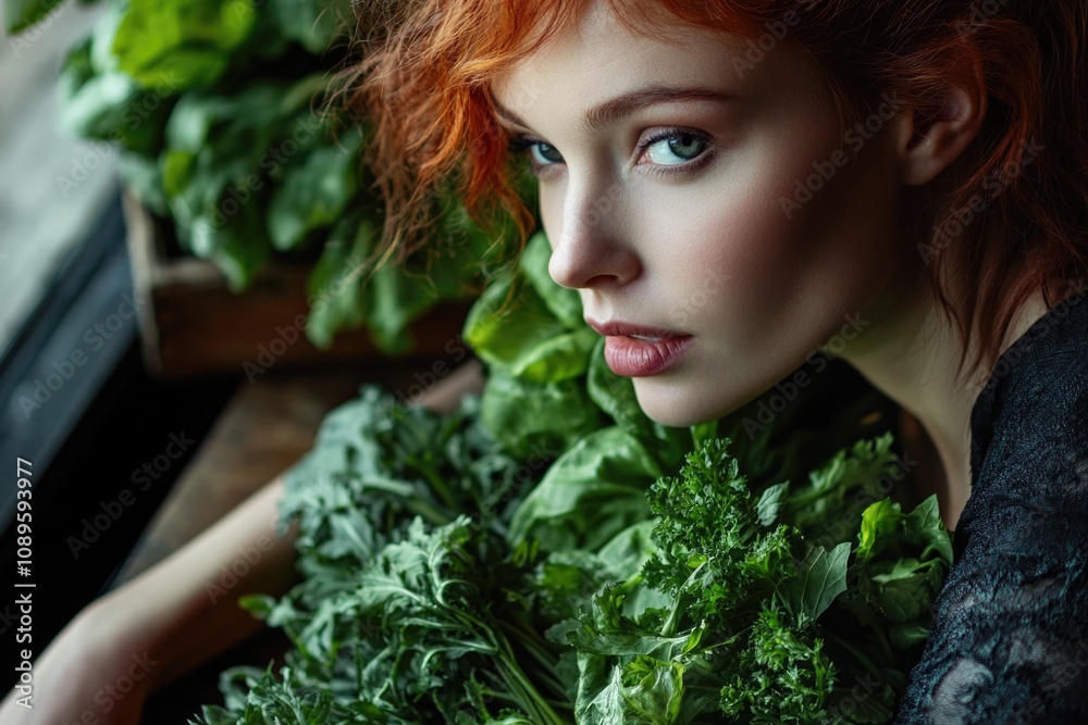 Fototapeta premium A woman with bright red hair is holding a bundle of fresh green vegetables