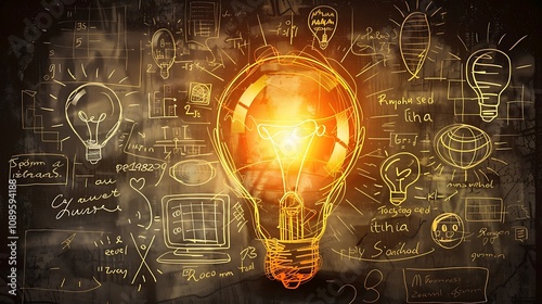 A glowing light bulb surrounded by sketches and notes, symbolizing creativity and innovation.