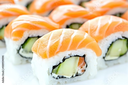 Fresh sushi rolls filled with cucumber and salmon, ready for serving