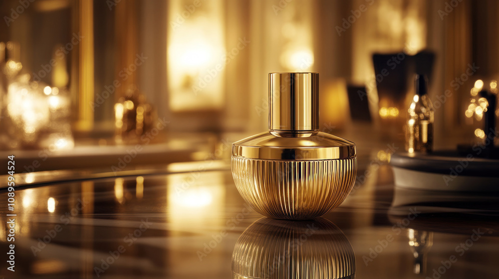 Luxurious gold perfume bottle in elegant setting. Luxurious gold perfume bottle in elegant setting.