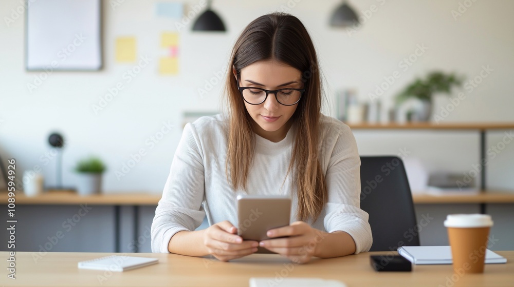 Mature 30s woman, phone and vision problem, eyesight and myopia or glaucoma in office. Mobile, person and poor sight, squinting and manager struggle with reading blurry email online with glasses. Mature 30s woman, phone and vision problem, eyesight and myopia or glaucoma in office. Mobile, person and poor sight, squinting and manager struggle with reading blurry email online with glasses.