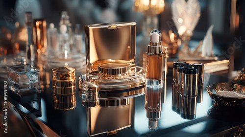 Artistic display of luxury cosmetics on a glass table. photo