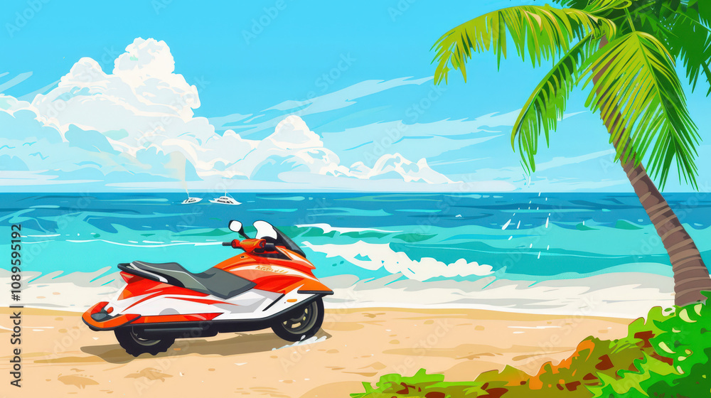 Obraz premium jetski at beach under palm tree