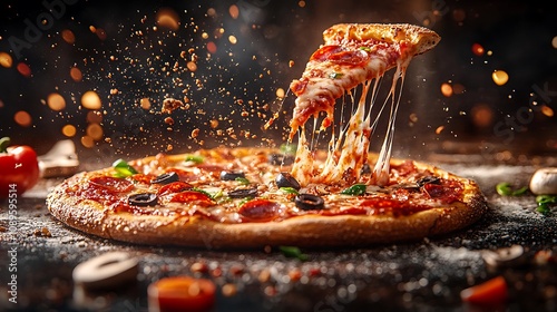 A mid-air pizza slice explosion, with gooey cheese pulling apart, pepperoni, black olives, mushrooms, and bell peppers separated, cinematic lighting highlighting textures,