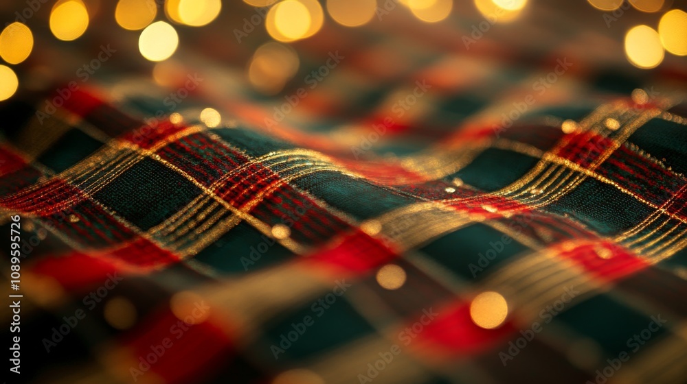 Festive Plaid Fabric With Golden Lights Background