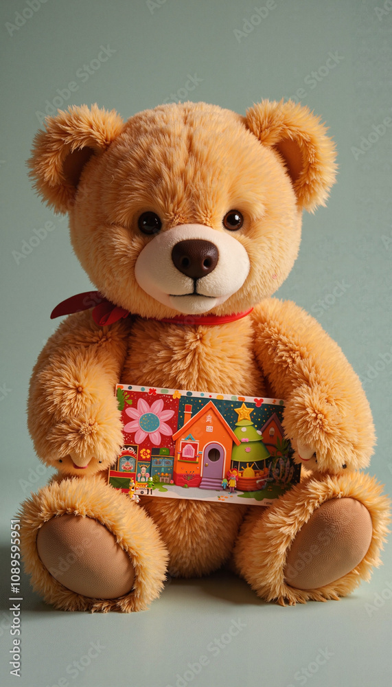 Obraz premium Adorable orange teddy bear holding colorful picture on soft green background