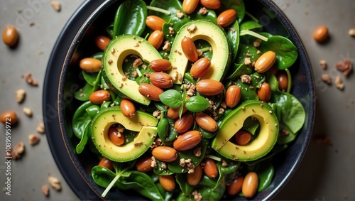 Fresh salad with avocado, almonds, and spinach in a black bowl on a wooden table. Generative, AI,