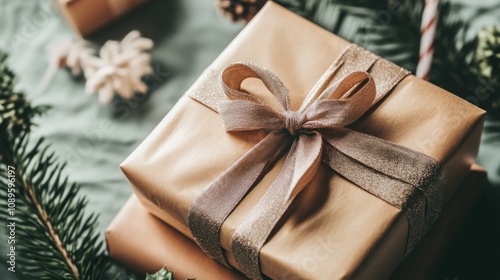 Golden gift box with shimmering bow and greenery.