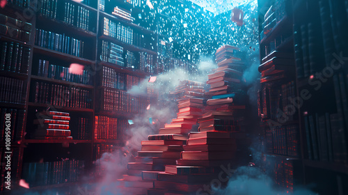 An enchanted library filled with ancient books, where time is frozen, and magical light spills from the pages. Enchanted Book Library. Illustration