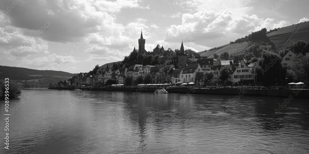Fototapeta premium A black and white photo of a river running through a charming town