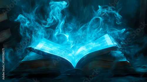 A mystical book radiates with an ethereal blue glow amid mysterious wisps of smoky vapor. enchanted glowing book. Enchanted Book Library. Illustration