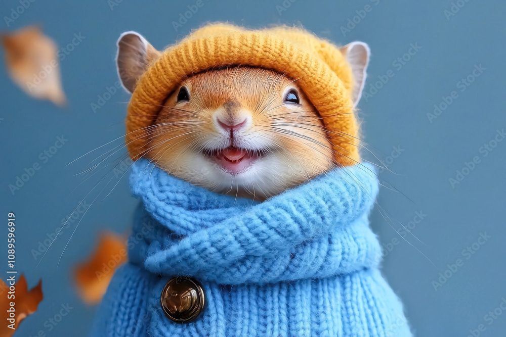 Adorable Squirrel in Knitted Winter Outfit. A cheerful red squirrel in a yellow hat and blue scarf, smiling brightly against a soft blue background.
Adorable Squirrel in Knitted Winter Outfit. A cheerful red squirrel in a yellow hat and blue scarf, smiling brightly against a soft blue background.