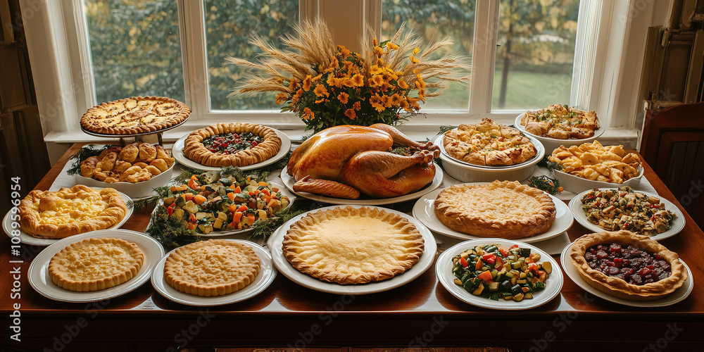 Lavish spread of homemade dishes and roasted bird for a celebratory meal