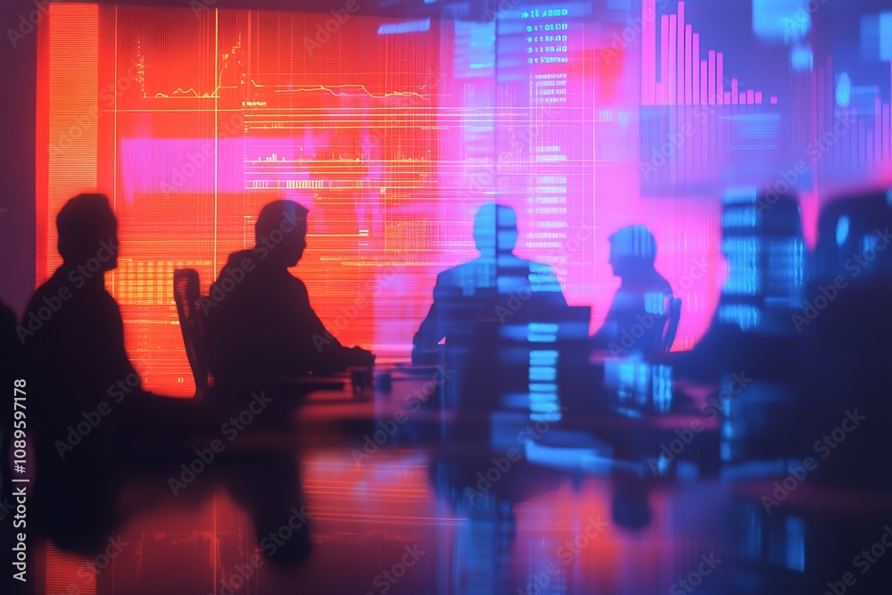 Blurred silhouettes of board members in a meeting with glowing charts Blurred silhouettes of board members in a meeting with glowing charts