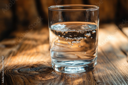 A glass of clean drinking water on a wooden surface with small air bubbles rising up. 