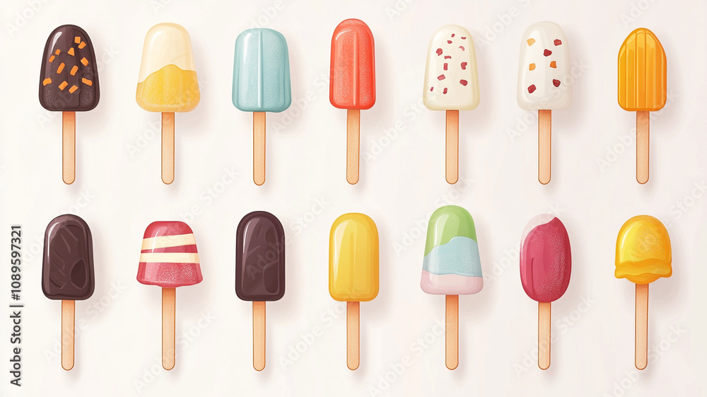 A collection of ice cream in different flavors on white background. A collection of ice cream in different flavors on white background.