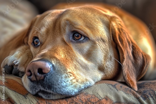 A close-up view of a dog lying on a couch, perfect for pet-related or home decor content photo