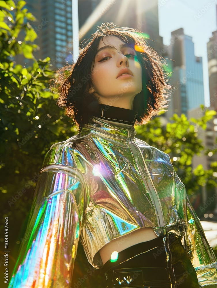 custom made wallpaper toronto digitalFuturistic Y3K woman in sleek metallic fashion, geometric accents, reflective silver, gold, iridescent tones, posed in vibrant cityscape with urban greenery and modern architecture