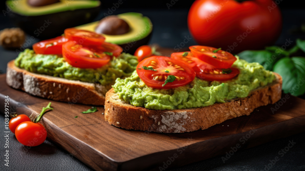A photo of delicious toasts with avocado and fresh tomato slices. A photo of delicious toasts with avocado and fresh tomato slices.
