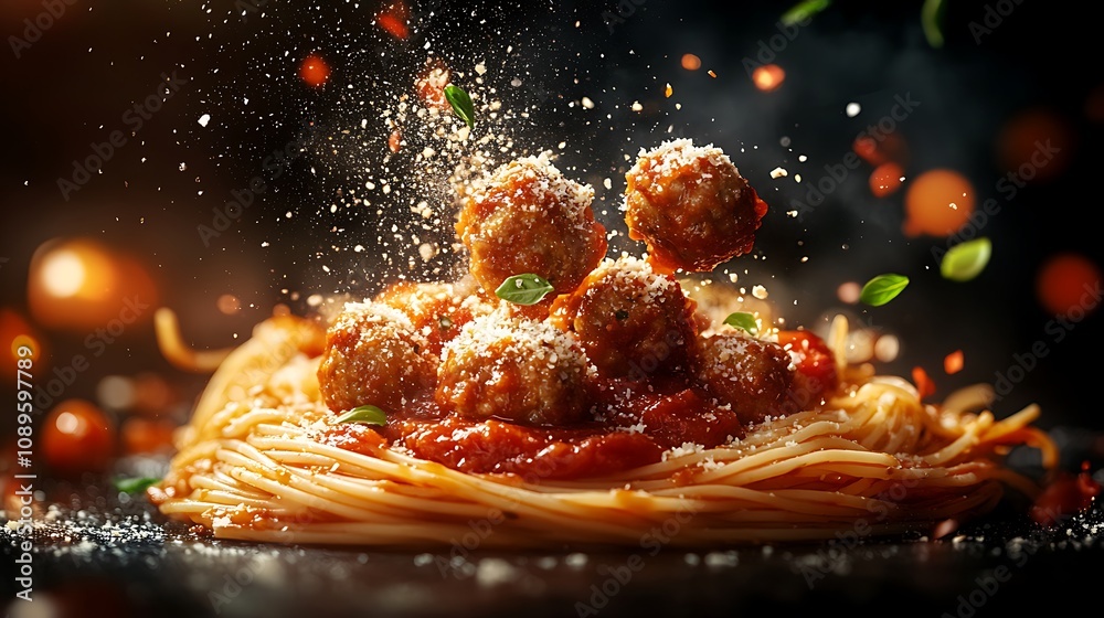 An aerial view of a pasta explosion, with spaghetti, meatballs, marinara sauce, and a sprinkle of parmesan cheese flying apart in dynamic motion, bright colors, An aerial view of a pasta explosion, with spaghetti, meatballs, marinara sauce, and a sprinkle of parmesan cheese flying apart in dynamic motion, bright colors,