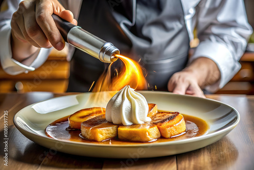 A chef flambes a delicious dessert with a torch, adding a dramatic touch to the presentation. photo