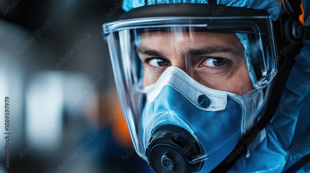 Close-Up Portrait of a Healthcare Worker in Protective Gear with Respirator Mask, Demonstrating Focus and Determination in Challenging Medical Environment Close-Up Portrait of a Healthcare Worker in Protective Gear with Respirator Mask, Demonstrating Focus and Determination in Challenging Medical Environment