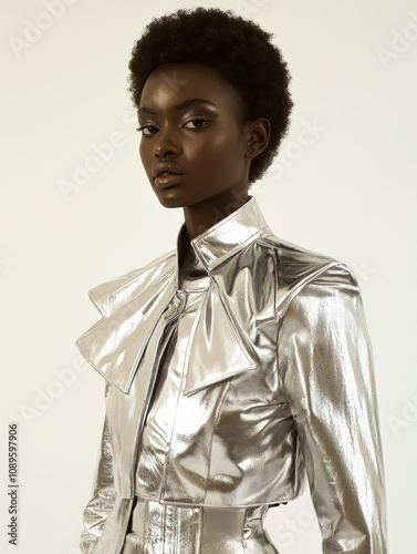 Wallpaper Mural Woman in Y3K futuristic fashion, minimalist metallic chrome and silver outfit, glowing accents, model posed elegantly with seamless neutral background, soft studio lighting, sleek and modern aesthetic Torontodigital.ca