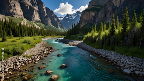 A peaceful scene of the Mistaya River winding through a rocky canyon, its turquoise waters cutting through. photo