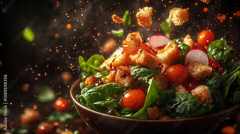 An array of salad ingredients bursting out of a bowl, with spinach leaves, cherry tomatoes, sliced radishes, croutons, and balsamic dressing droplets suspended, dynamic lighting effects, An array of salad ingredients bursting out of a bowl, with spinach leaves, cherry tomatoes, sliced radishes, croutons, and balsamic dressing droplets suspended, dynamic lighting effects,