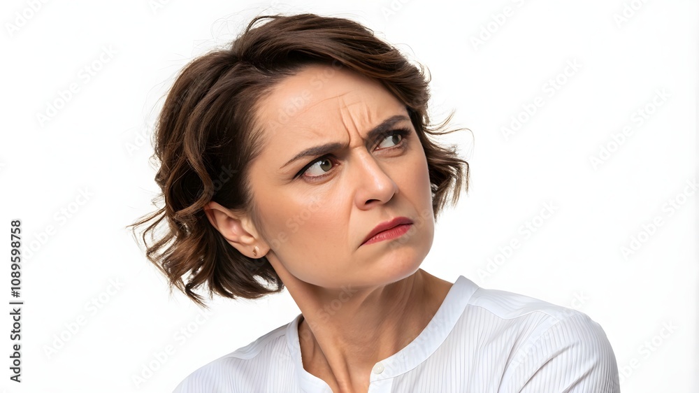 Portrait of Angry Pensive Woman Isolated on White Background, Pensive Woman with Angry Expression
Portrait of Angry Pensive Woman Isolated on White Background, Pensive Woman with Angry Expression