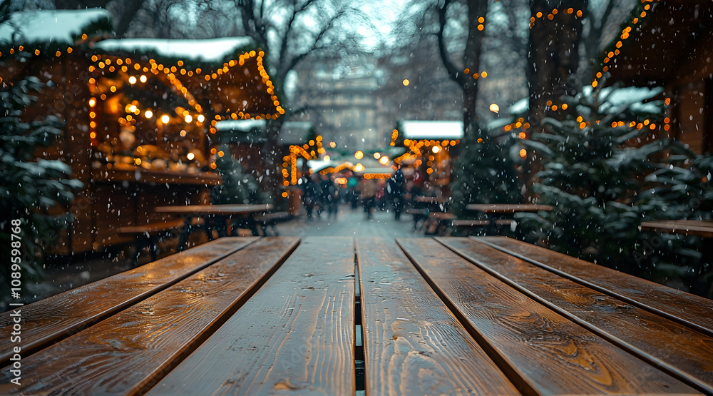 Empty wooden table in a snowy Christmas market in the evening. Generative AI. Empty wooden table in a snowy Christmas market in the evening. Generative AI.