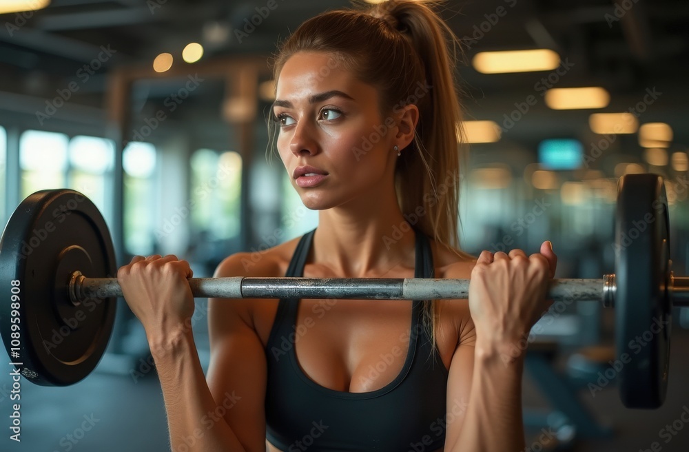 Strong determination displayed in a fitness studio featuring a young woman lifting weights during a workout session Strong determination displayed in a fitness studio featuring a young woman lifting weights during a workout session