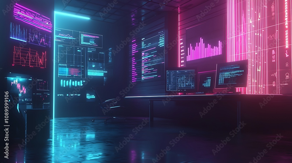 Digital office with glowing business trends and financial graphs Digital office with glowing business trends and financial graphs