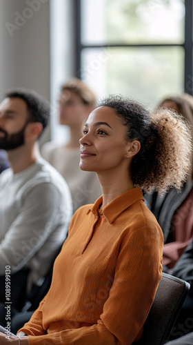 A minimalist stock photo showcasing a diverse group of adults attentively participating in a workshop or seminar. The image emphasizes diversity, education, and collaboration photo