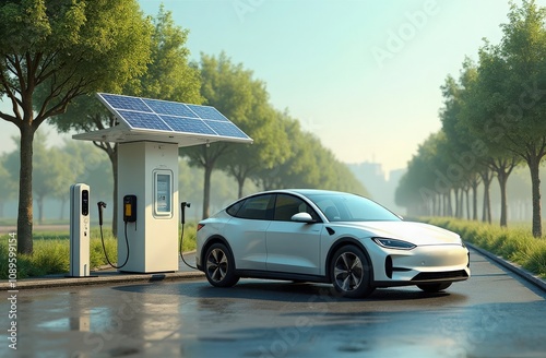 Innovative electric vehicle charging station under bright sunlight surrounded by green trees at a serene park