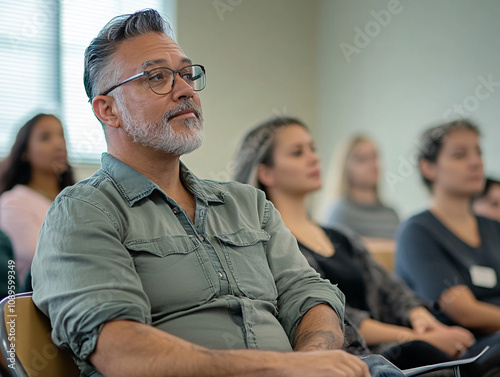 A minimalist stock photo showcasing a diverse group of adults attentively participating in a workshop or seminar. The image emphasizes diversity, education, and collaboration photo