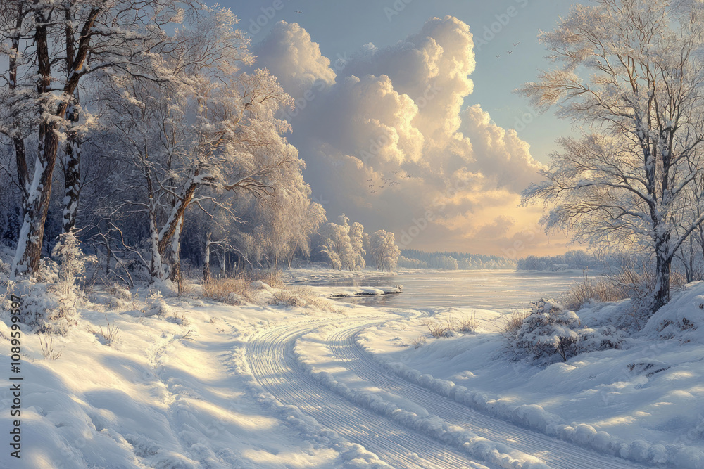 winter landscape with a winding road covered with fresh tire tracks leading along a snowy forest.  