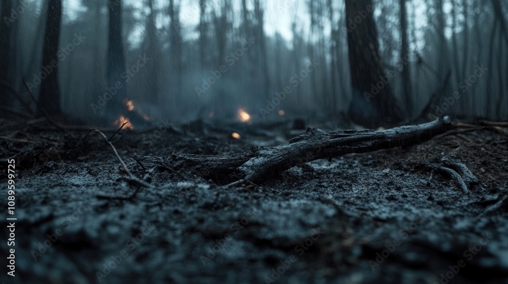 Dark Forest with Smoky Atmosphere and Burnt Earth Amidst Trees, Highlighting the Aftermath of a Wildfire in a Somber and Haunting Environment Dark Forest with Smoky Atmosphere and Burnt Earth Amidst Trees, Highlighting the Aftermath of a Wildfire in a Somber and Haunting Environment