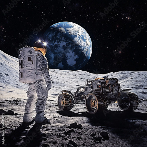 Astronaut explores lunar surface with rover and Earth in background photo