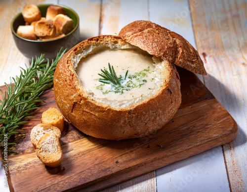 Wallpaper Mural A creamy soup served in a hollowed-out round bread bowl garnished with rosemary sits on a wooden cutting board with rolls in the background. Torontodigital.ca