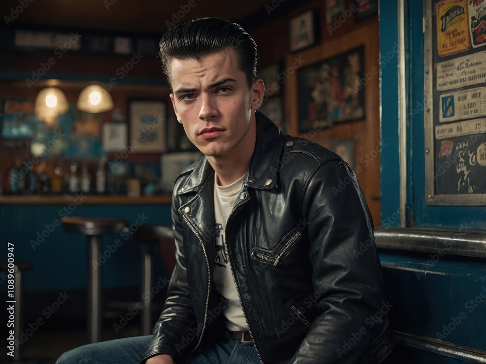 Portrait of a 1950s Rockabilly Youth Wearing a Leather Jacket and Retro Hairstyle Portrait of a 1950s Rockabilly Youth Wearing a Leather Jacket and Retro Hairstyle