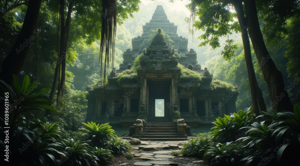 Ancient temple shrouded in mist Ancient temple shrouded in mist
