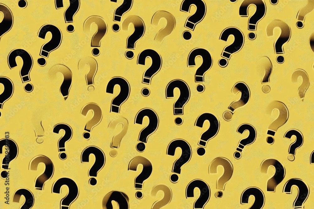 A yellow background filled with many question marks A yellow background filled with many question marks
