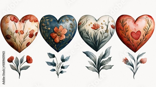 Valentine's day, watercolor illustration in the form of hearts pattern. Heart element design for Valentine's Day