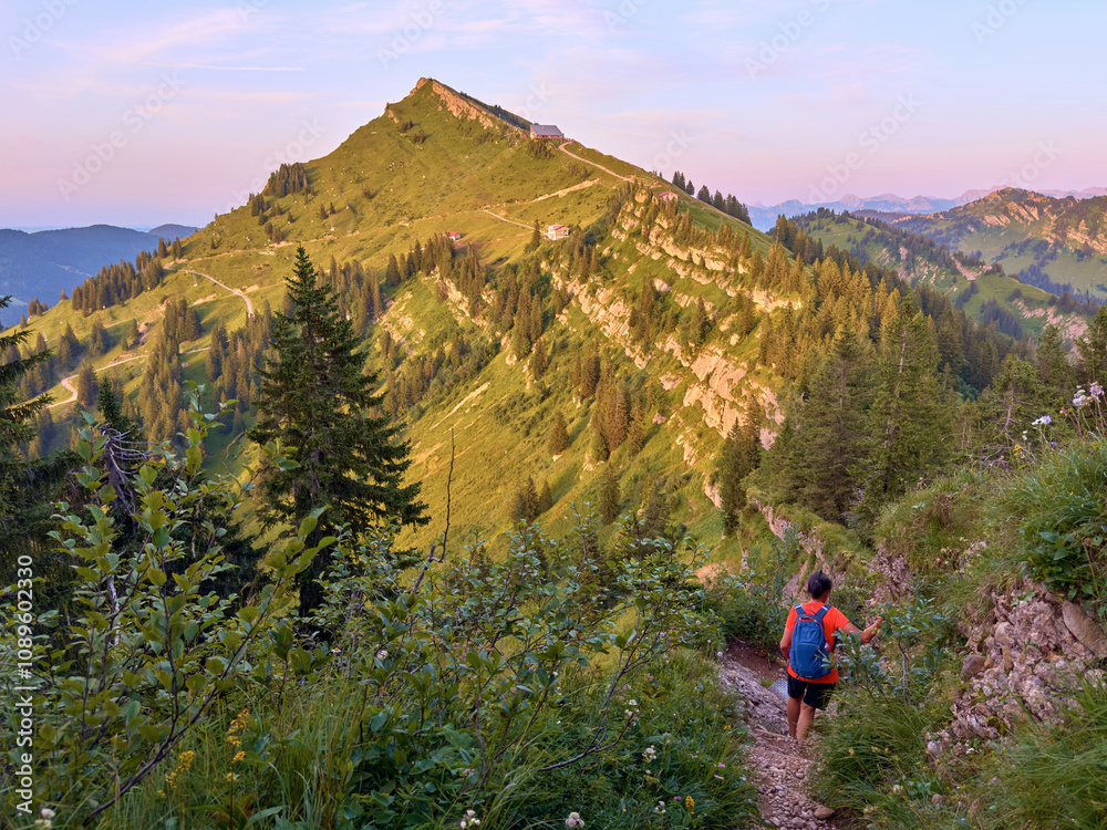 Fototapeta premium pretty senior woman hiking in warm dawn sunlight and enjoying the spectacular view over the Allgau alps on the Nagelfluh mountain chain near Oberstaufen, Bavaria, Germany