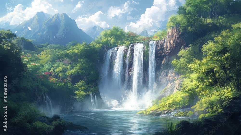 Fototapeta premium Majestic Waterfall Cascades Down Mountainside Into Lush Green Valley