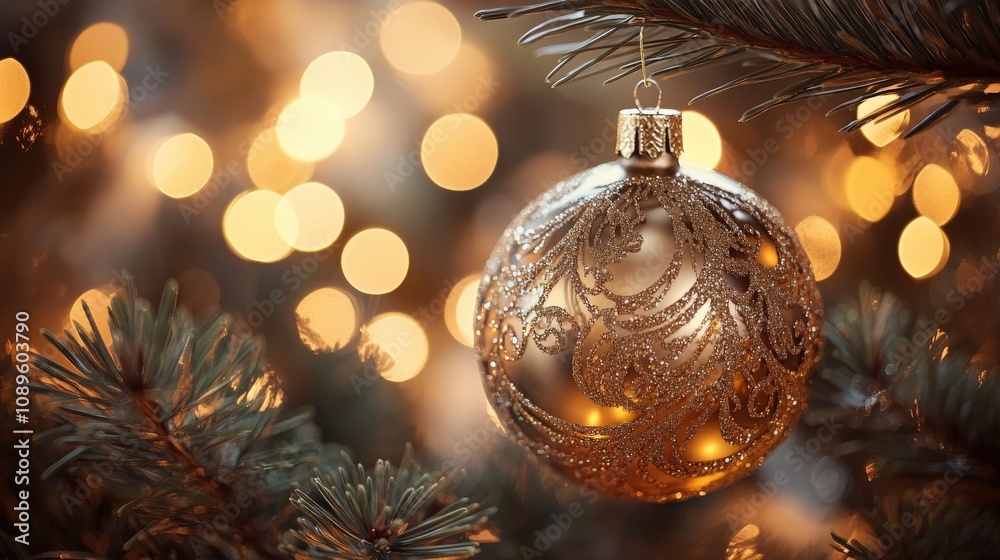 A Glittering Gold Ornament Hanging on a Christmas Tree with Blurry Lights A Glittering Gold Ornament Hanging on a Christmas Tree with Blurry Lights